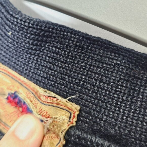 Vintage Men's Navy Lettermans Cardigan Sweater Yellow Stripes Pockets Flawed S - Picture 6 of 11